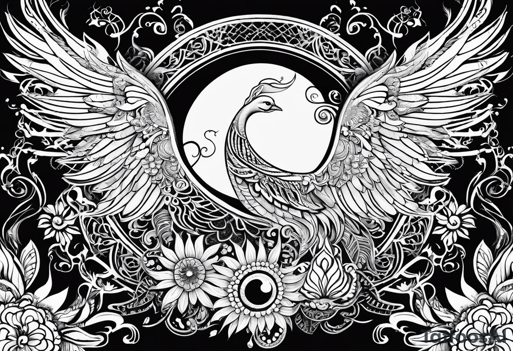 Tribal bohemian feminine impowering Phoenix rising with smoke, fire, mandala sun, floral, lace background, solar eclipse tattoo idea