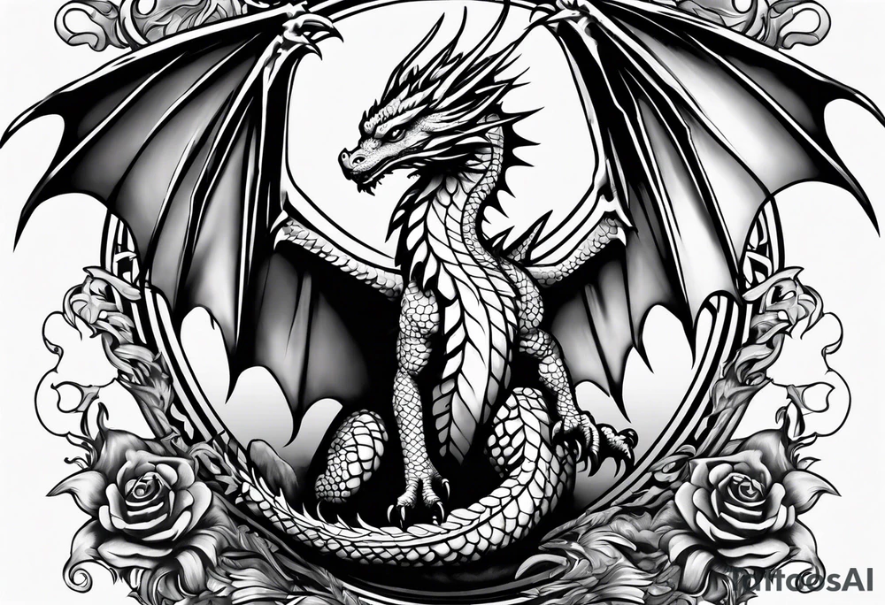 Mother dragon wings spread protecting 3 baby dragons tattoo idea