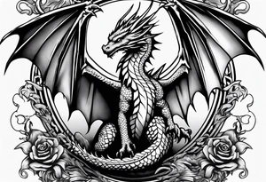 Mother dragon wings spread protecting 3 baby dragons tattoo idea