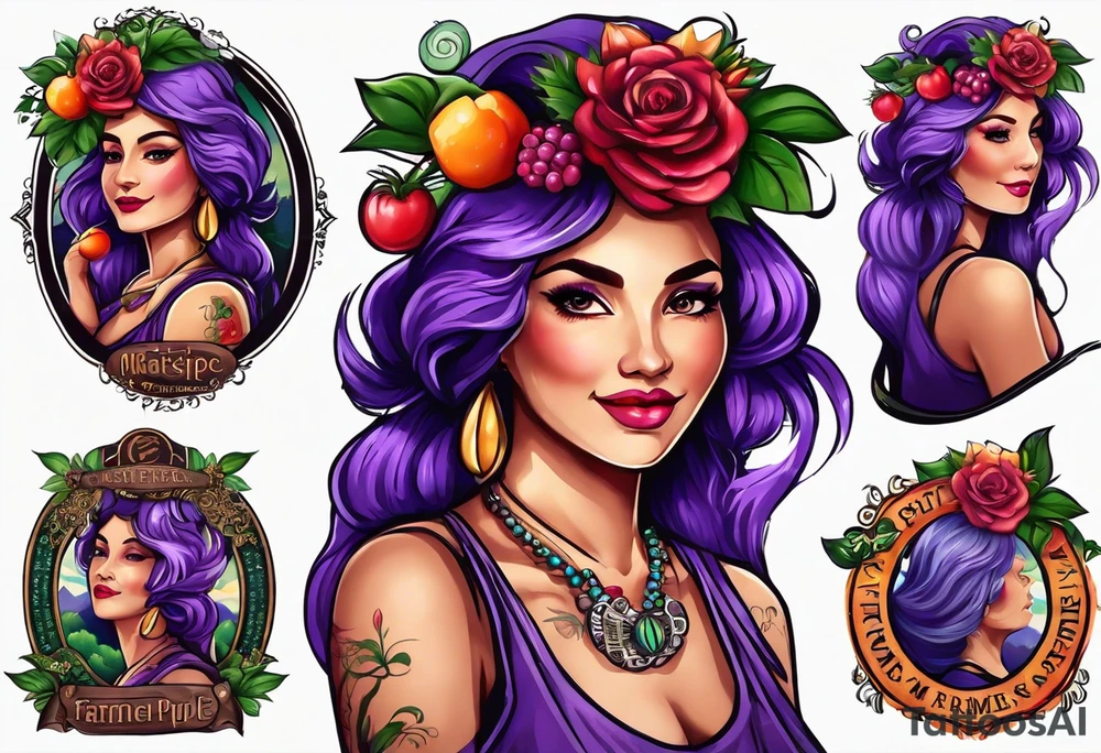 I'm looking for a tattoo design that beautifully reflects the essence of both my grandma. My grandma, a vibrant soul, adores the color purple and finds solace in her weekly visits to church and the bustling farmers' market. She would always help those people in the farmers market by buying their produce. tattoo idea