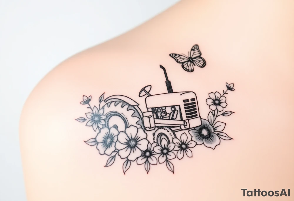 A tractor surrounded by flowers and butterfly that's very delicate and femin6 tattoo idea