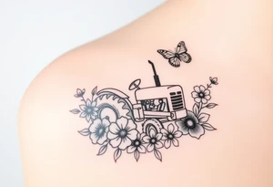 A tractor surrounded by flowers and butterfly that's very delicate and femin6 tattoo idea