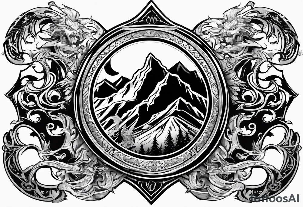A flaming shield adorned with a mountain and a warhammer tattoo idea