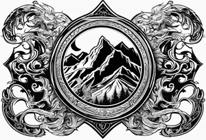 A flaming shield adorned with a mountain and a warhammer tattoo idea