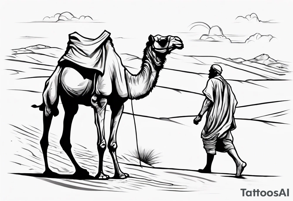 Design a tattoo showcasing, from a far, a vast desert landscape with low, undulating sand dunes. Feature a man walking alongside his camel, both resilient against the harsh environment, the man covering his face with a long cloth for protection. tattoo idea
