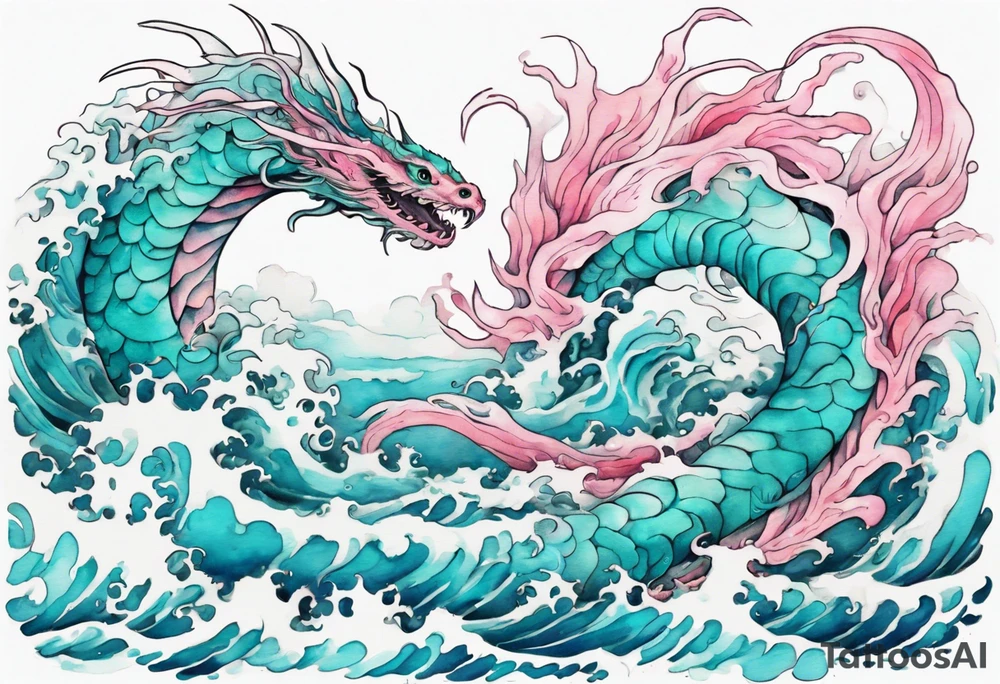 a turquoise and white and pink pretty sea serpent rising from the blue waves of the ocean tattoo idea