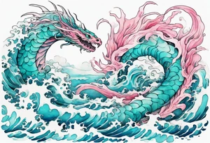 a turquoise and white and pink pretty sea serpent rising from the blue waves of the ocean tattoo idea