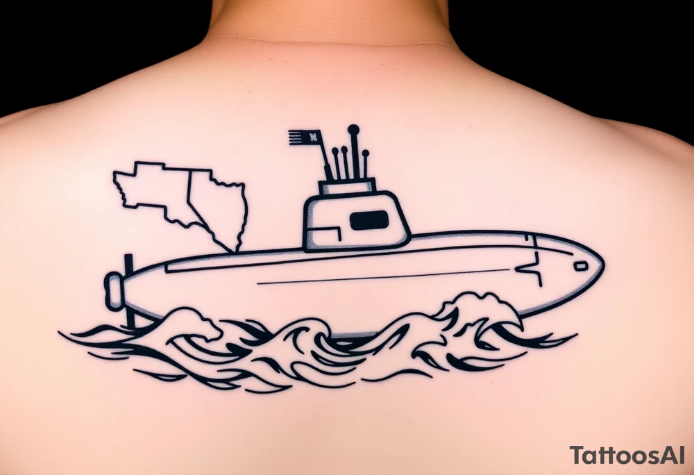 Submarine A classic sailboat navigating through waves, symbolizing your life’s journey.
	•	State Silhouettes: Waves forming the shapes of Texas, Connecticut, and Washington state, indicating the places you’ve called home.
	•	Navy Emblem: A subtle Navy insignia on the sail, honoring your spouse’s service.
	•	Cosmetology Symbols: Incorporate a comb and scissors subtly into the boat’s rigging or hull design. tattoo idea