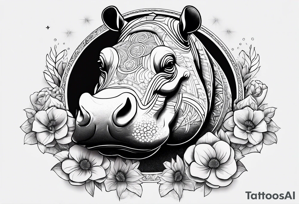 Hippo, flowers, moon, interstella,
fine lines, tribal, geometric tattoo idea