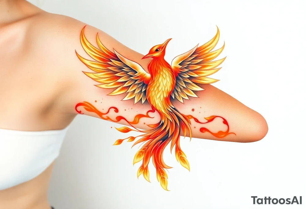 magnificent phoenix rising from golden flames with trailing embers tattoo idea
