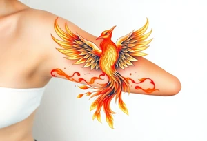 magnificent phoenix rising from golden flames with trailing embers tattoo idea