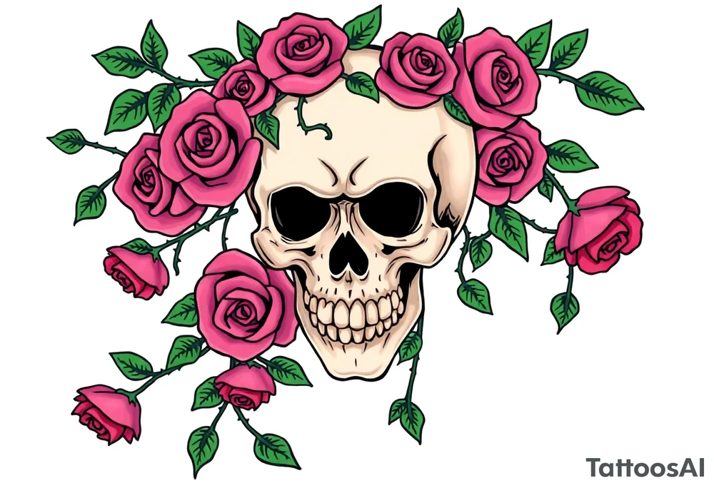 gothic skull intertwined with climbing roses and thorny vines tattoo idea