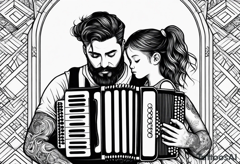 sad man with accordion and his young child girl tattoo idea