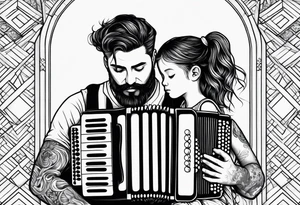 sad man with accordion and his young child girl tattoo idea