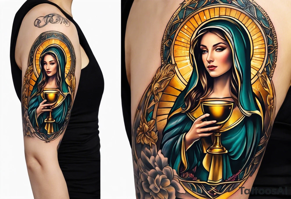 woman saint holding chalice surrounded by golden halo portrait tattoo idea