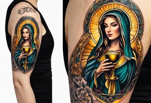 woman saint holding chalice surrounded by golden halo portrait tattoo idea
