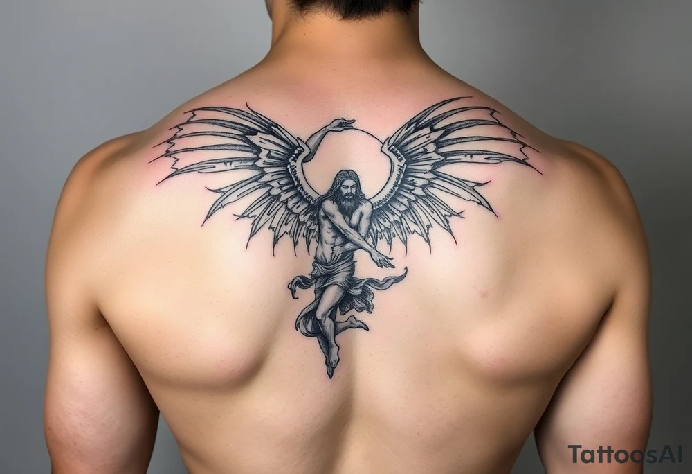 Fall of lucifer (Pride) painting into a sleeve with art from Greek mythology tattoo idea