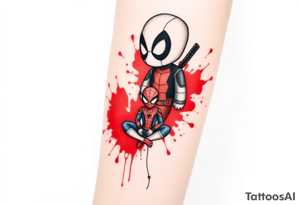 A vertical stacked tattoo design for a half-sleeve on a white background. At the top is a chibi Deadpool character in a bold ink sketch style. At the bottom is a chibi Spider-Man character sitting cross-legged in a loose pencil sketchbook style. High contrast black and grey shading. The two characters are connected by loose, energetic sketch lines and a thin spiderweb thread hanging between them. Dramatic, stylized splashes of bright, vibrant watercolor red ink splatter bursting out around both characters' suits, bleeding into the negative space. Tattoo flash sheet style, crisp linework. tattoo idea
