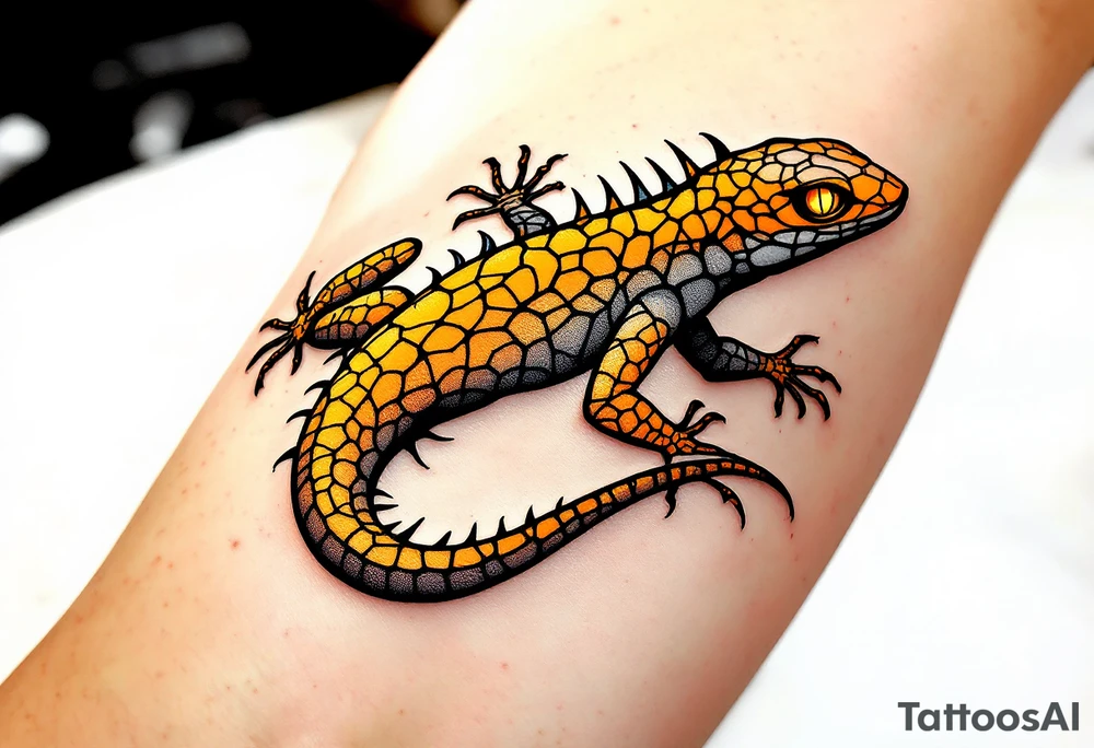 Tribal desert lizard with cracked earth texture – A sleek, agile lizard in motion, designed with tribal curves and sharp angles along its spine. Its skin mimics the pattern of sunbaked, cracked earth, blending tones of burnt orange, dusty brown, and charcoal black. The tail coils elegantly, forming a spiral, while the eyes gleam in golden yellow, symbolizing survival, transformation, and primal instincts. tattoo idea