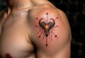 This celestial Aries design connects gold stars constellation with glowing red lines to emphasize the zodiac’s fiery essence. tattoo idea