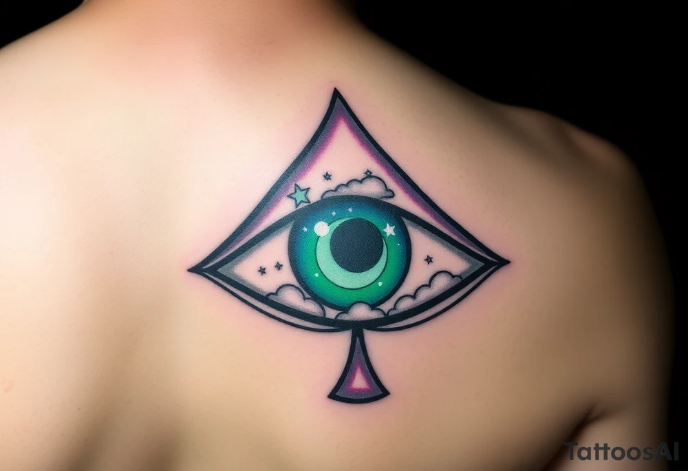 Large outline of an eye almond shaped with a spade for the eyeball + eyecolor greenish blue with a crescent moon stars and clouds inside of the spade eyeball using vivid colora like green purple and blue tattoo idea