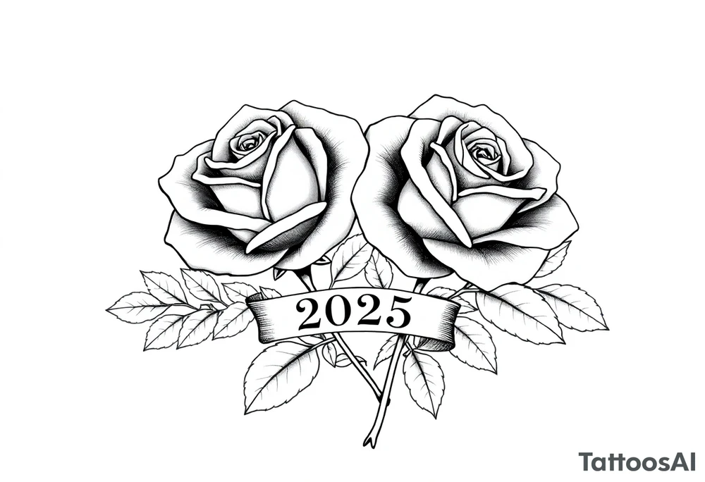 two beautiful large rose buds, one larger than the other, with lots and lots of leaves next to the rose buds, with one sitting slightly higher than the other, side-by-side.  Include a banner connecting the two roses with the year 2025 on it.   Use dark outlines with little shading. No stems tattoo idea