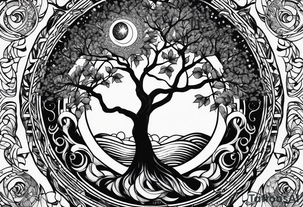 Tree holding the sun and the moon tattoo idea