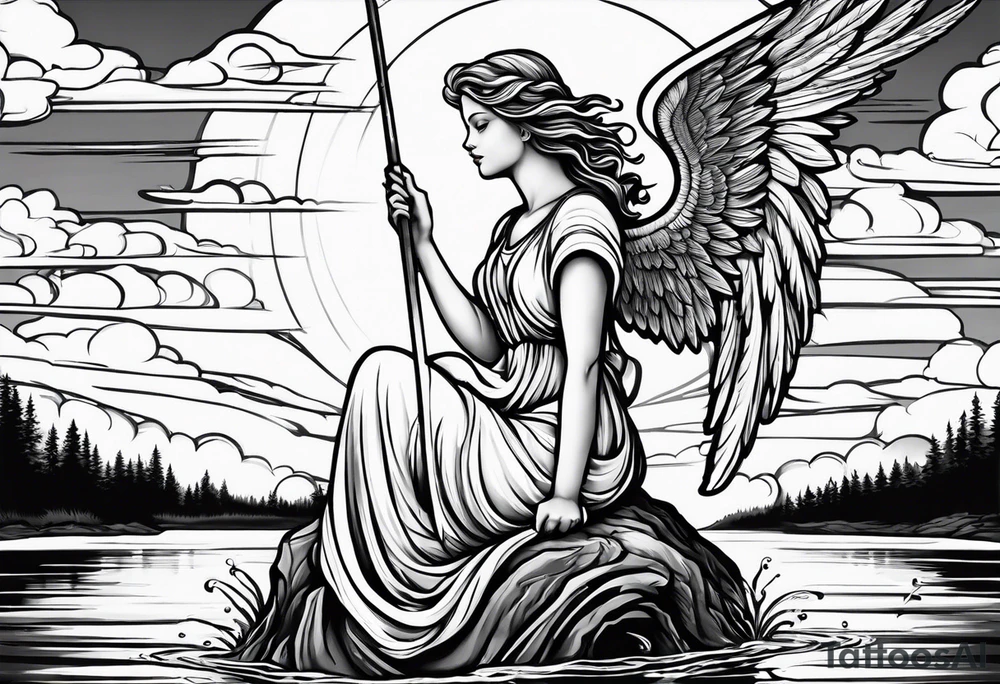 angel with halo fishing in on a lake bank tattoo idea