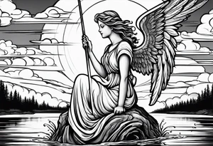 angel with halo fishing in on a lake bank tattoo idea
