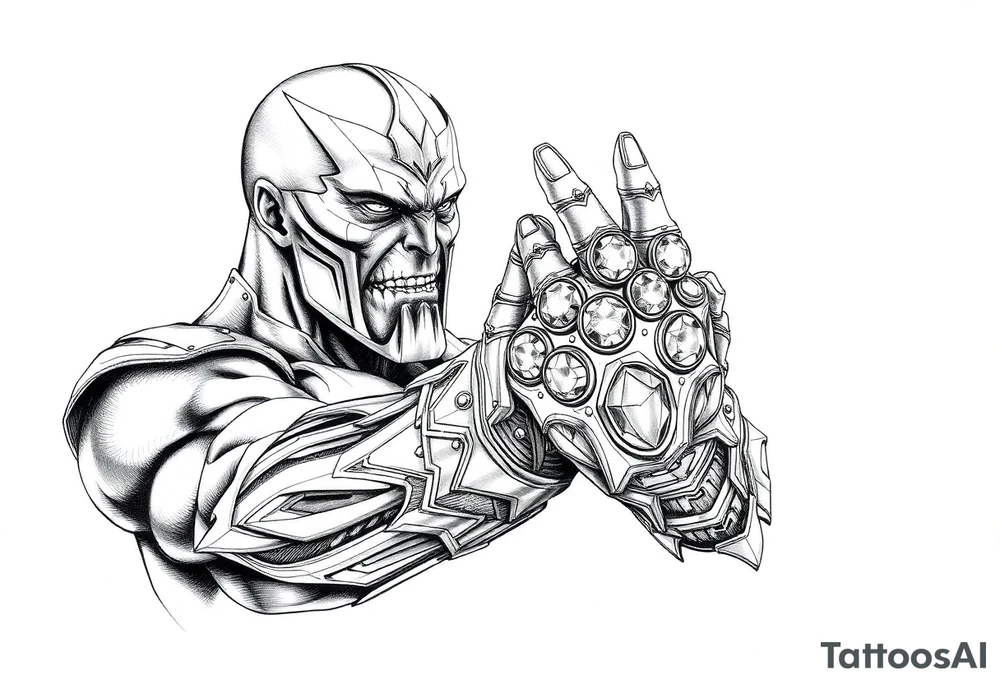 thanos with infinity gaulet filled with infinity stones fighting avengers tattoo idea