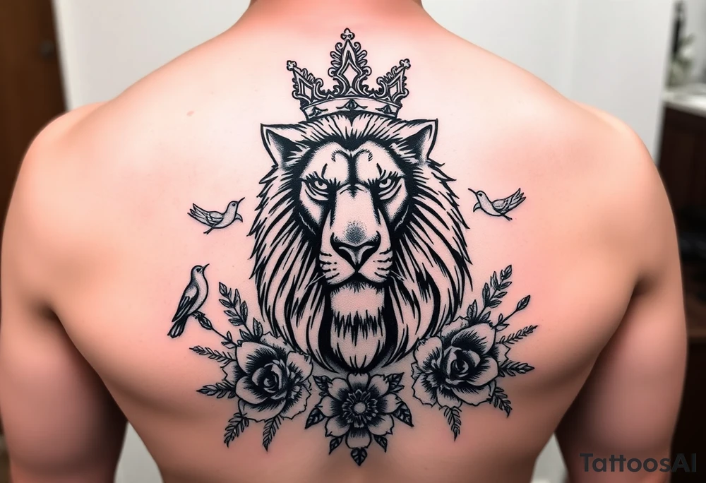 powerful majestic lion with a crown, surrounded by floral ornaments and birds tattoo idea