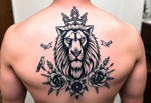 powerful majestic lion with a crown, surrounded by floral ornaments and birds tattoo idea