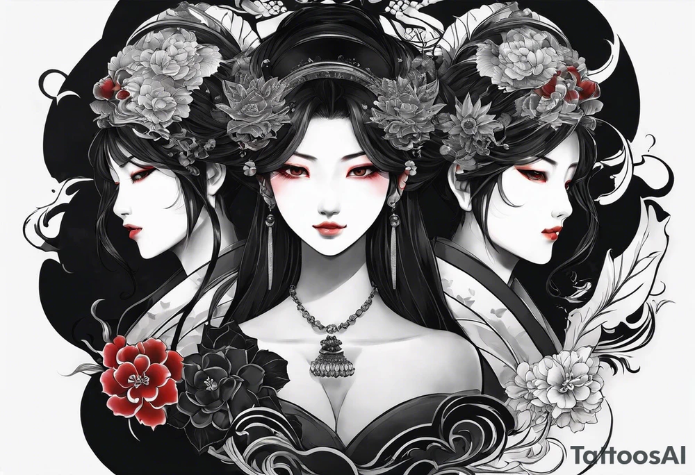 The Japanese say you have three faces. The first face, you show to the world. The second face, you show to your close friends and your family. The third face, you never show anyone.

make it for a chest piece and make it darker tattoo idea