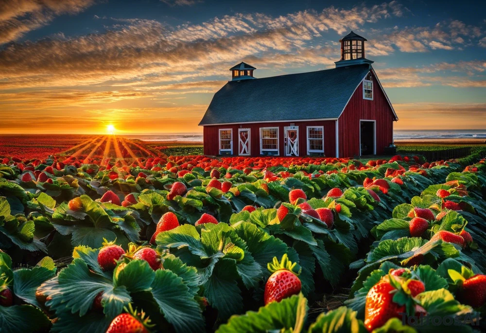 Tattoo of my hometown of Oxnard, CA
Tattoo must have strawberry fields meeting with ocean
Tattoo must have Oxnard coordinates
34.2236192,-119.1310264
Add in the sun on top of the fields/ocean
No barn house, add a Gondola style plaza 
Only in black and white tattoo idea