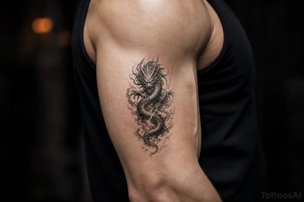 Serpentine air demon with swirling clouds and lightning. tattoo idea