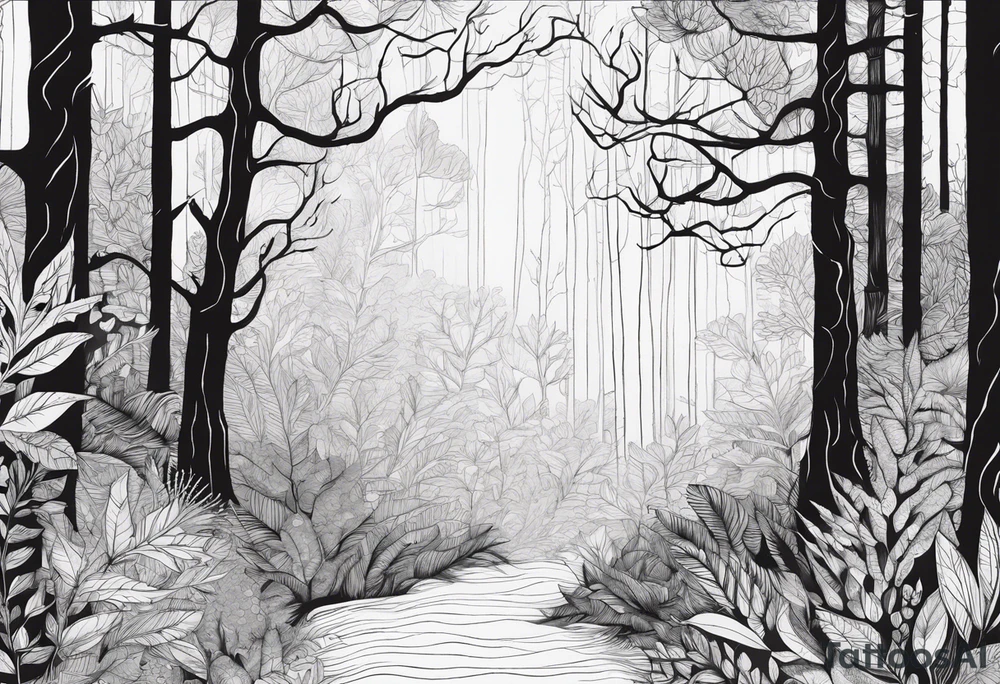 Draw me a Magical forest with s lot of trees in 2D and every tree is black tattoo idea