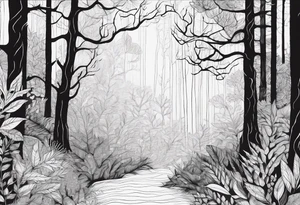 Draw me a Magical forest with s lot of trees in 2D and every tree is black tattoo idea