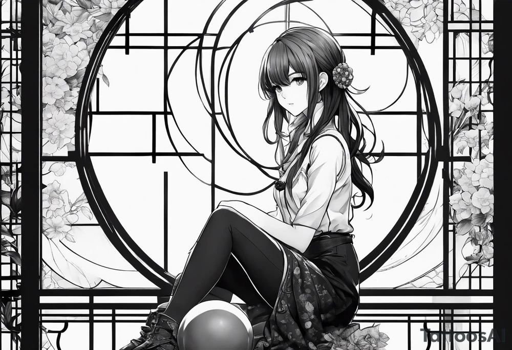 an anime girl sitting on a small sphere, staring front tattoo idea
