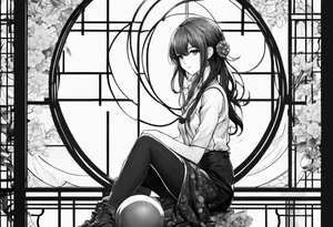 an anime girl sitting on a small sphere, staring front tattoo idea