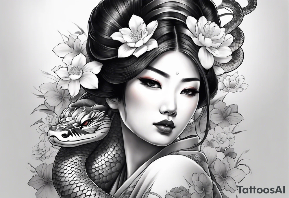 High contrast black and grey Japanese full arm tattoo, geisha on upper arm and snake with flowers going down the forearm imagine tattoo idea