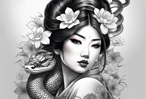 High contrast black and grey Japanese full arm tattoo, geisha on upper arm and snake with flowers going down the forearm imagine tattoo idea