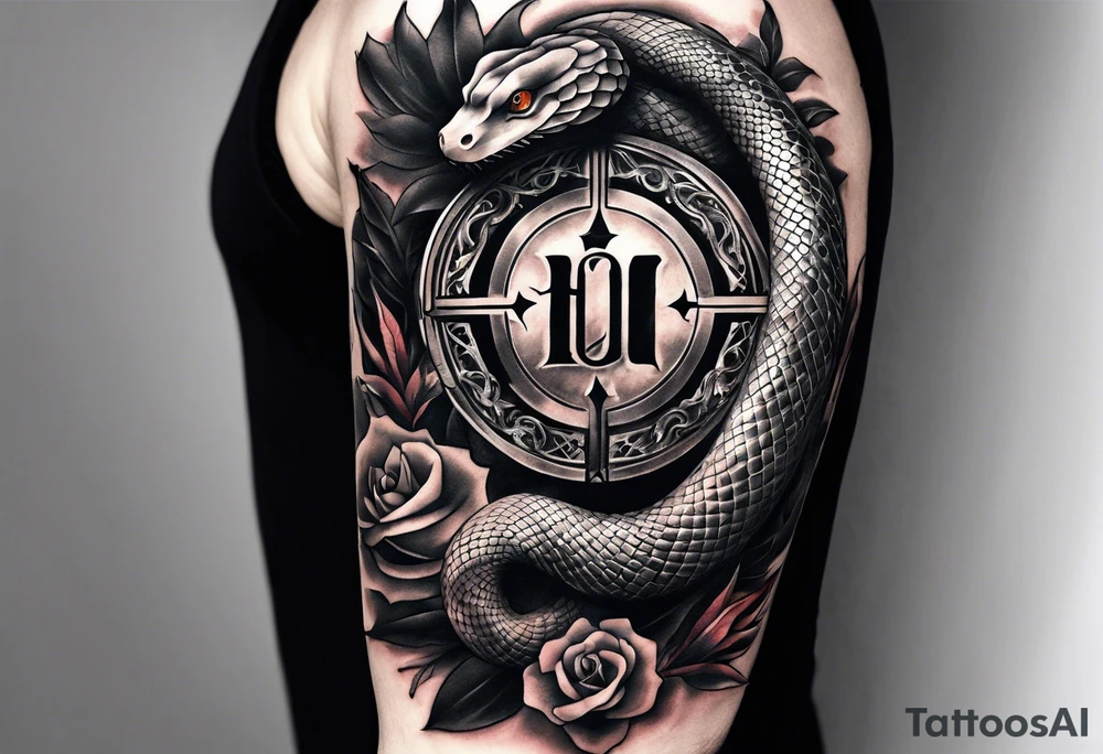 sleeve tattoo with a snake, gun, weed symbol tattoo idea
