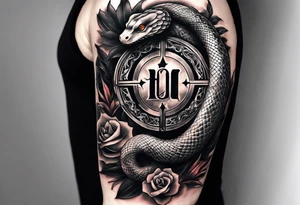 sleeve tattoo with a snake, gun, weed symbol tattoo idea