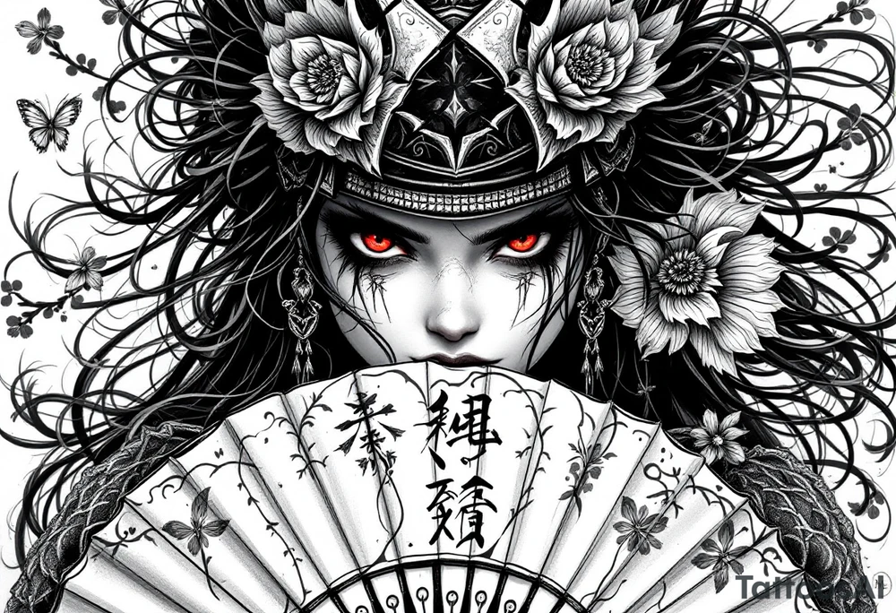 Samurai woman with red eyes wearing an half and broken kitsune's mask on her hair and holding a fan with irises flowers tattoo idea