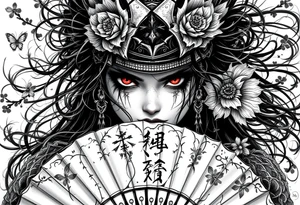 Samurai woman with red eyes wearing an half and broken kitsune's mask on her hair and holding a fan with irises flowers tattoo idea
