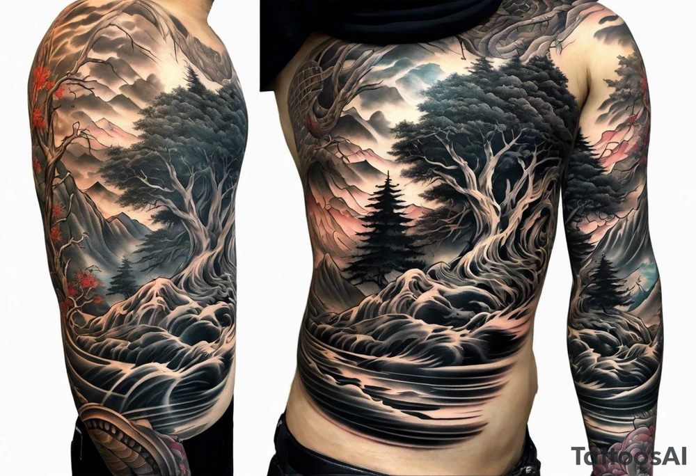 Full arm sleeve, tree going up to shoulder dead tree going down to wrist, wrapped in a serpent moving down with mountain, water, and demon tattoo idea
