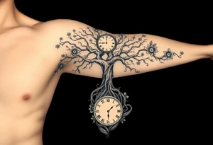 tree of life with cosmic roots and celestial branches, clock, flowers, tattoo idea