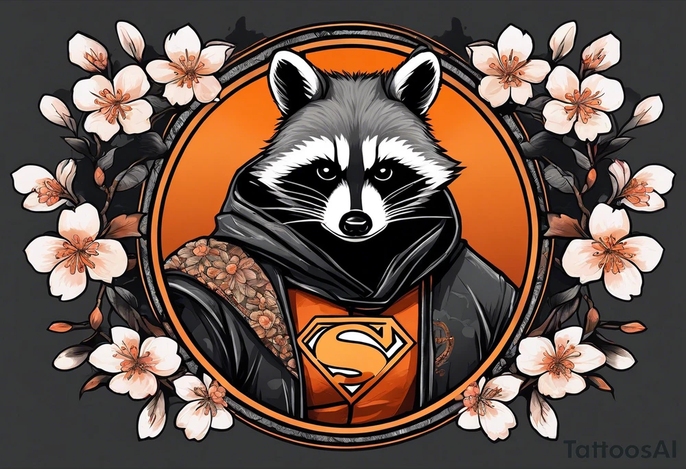 Raccoon wearing a white Superman logo on a black hoodie and orange Japanese cherry blossoms beside tattoo idea