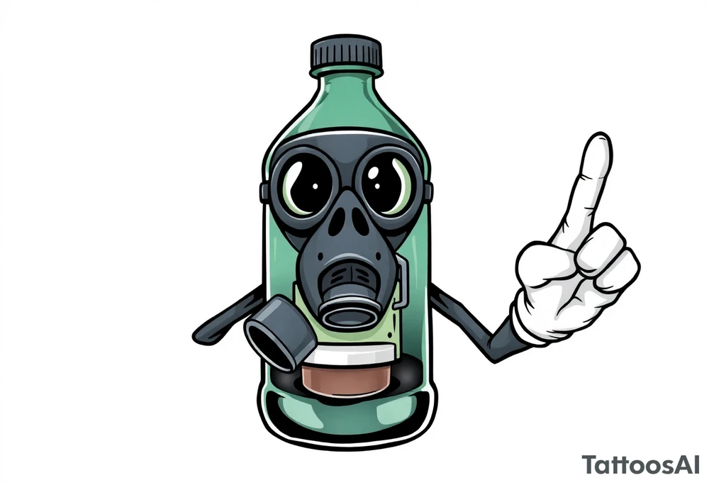 A caricature 2 liter bottle with bulging cartoon eyes and a gas mask on where it’s mouth and nose are supposed to be. Inside the bottle is a lithium battery,and pseudoephedrine tablets, along with a liquid. It has cartoon stick arms with big white gloves one had is holding up his middle finger. It should be dark and grimy looking as if a person had been up for some days and the middle finger on the right hand should be up tattoo idea