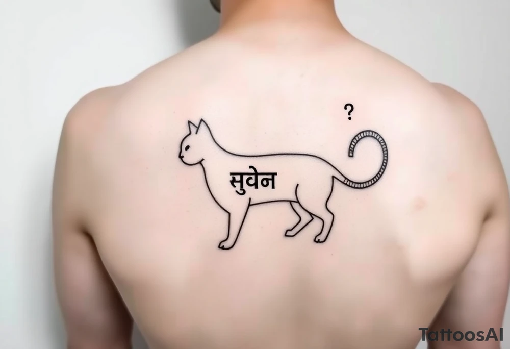 "Minimalist black tattoo of a quantum cat. Design elements:  
1. Outline made of binary code (alternating 0 and 1, crisp 1.5mm lines)  
2. Negative space inside body reveals hidden Sanskrit text ('अवलोकन न करें') when tilted  
3. Tail curves into a question mark  

Technical specs:  
- Pure black ink  
- Size: 8x5cm (forearm placement)  
- Style: geometric dotwork with optical illusion  

Philosophical hook: 'The cat only exists when unobserved'" tattoo idea